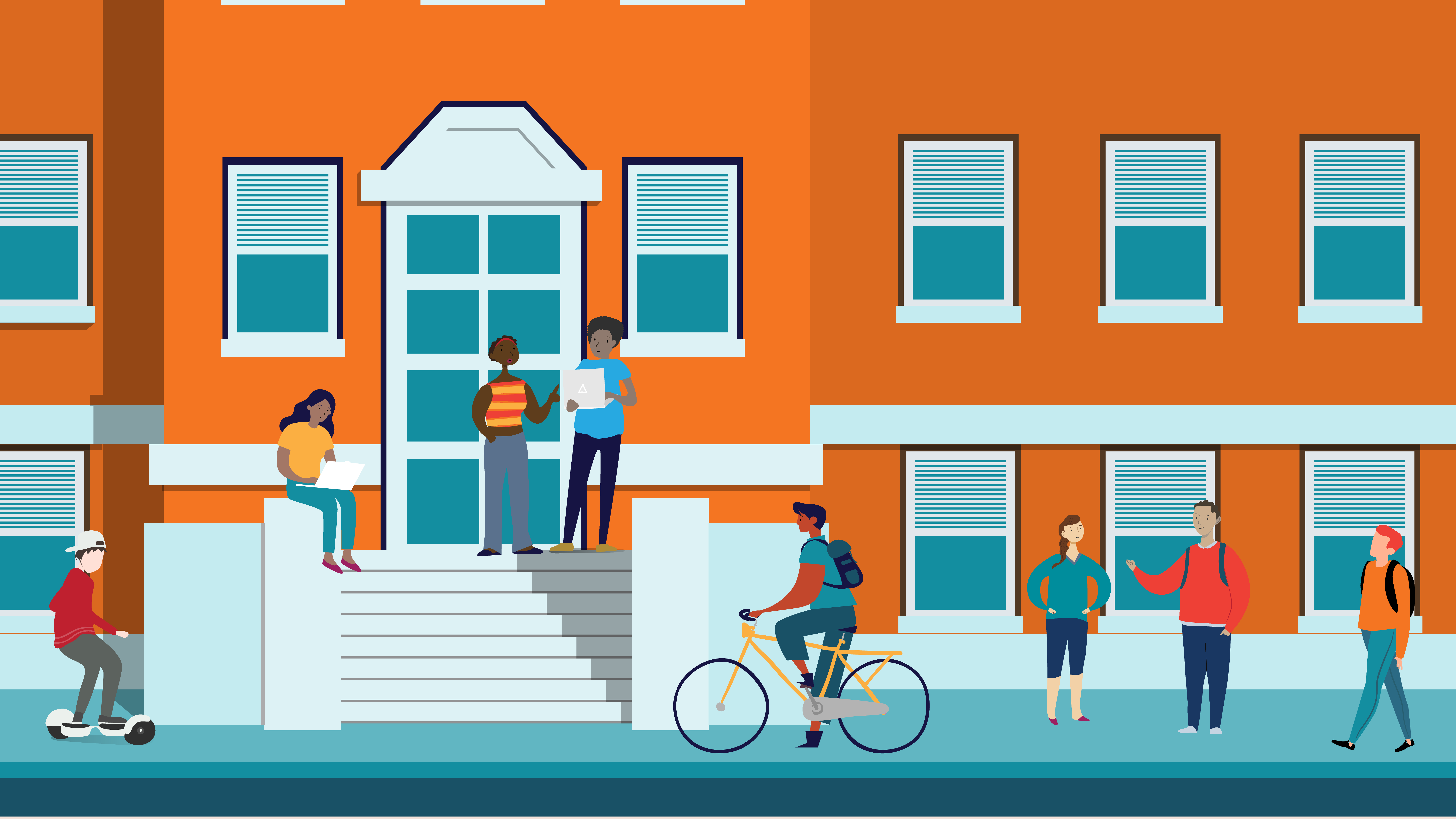 illustration of a diverse group of teens walking into high school